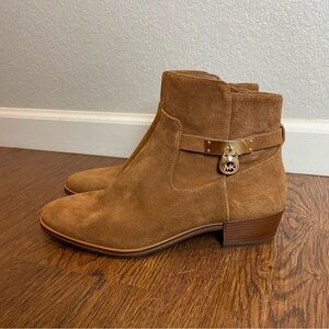 MICHAEL Michael Kors Cognac Suede Ankle Booties with Gold MK Charm Size 8.5